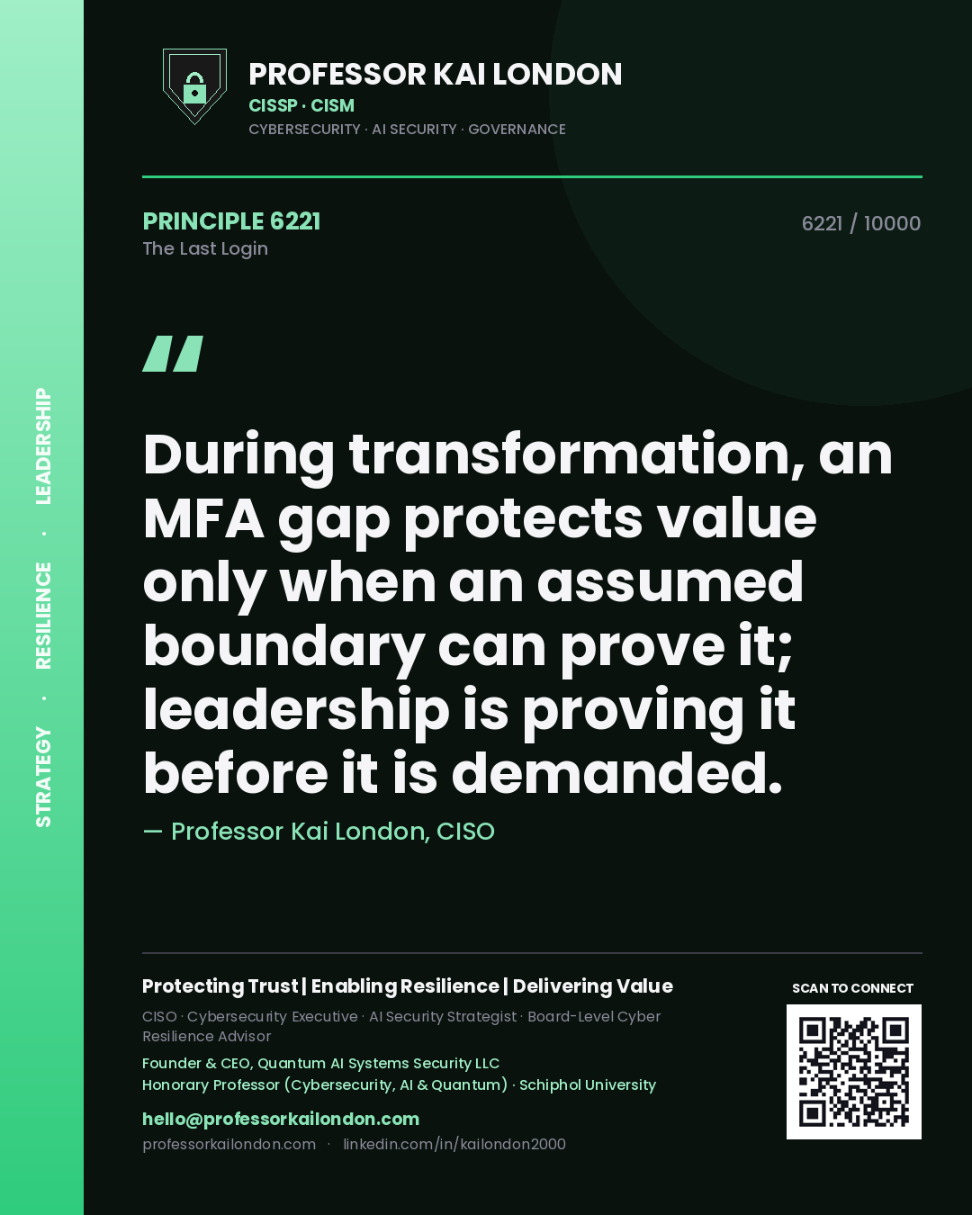 Quote card by Professor Kai London reading 'During transformation, an MFA gap protects value only when an assumed boundary can prove it; leadership is proving it before it is demanded.'. From the book The Last Login.