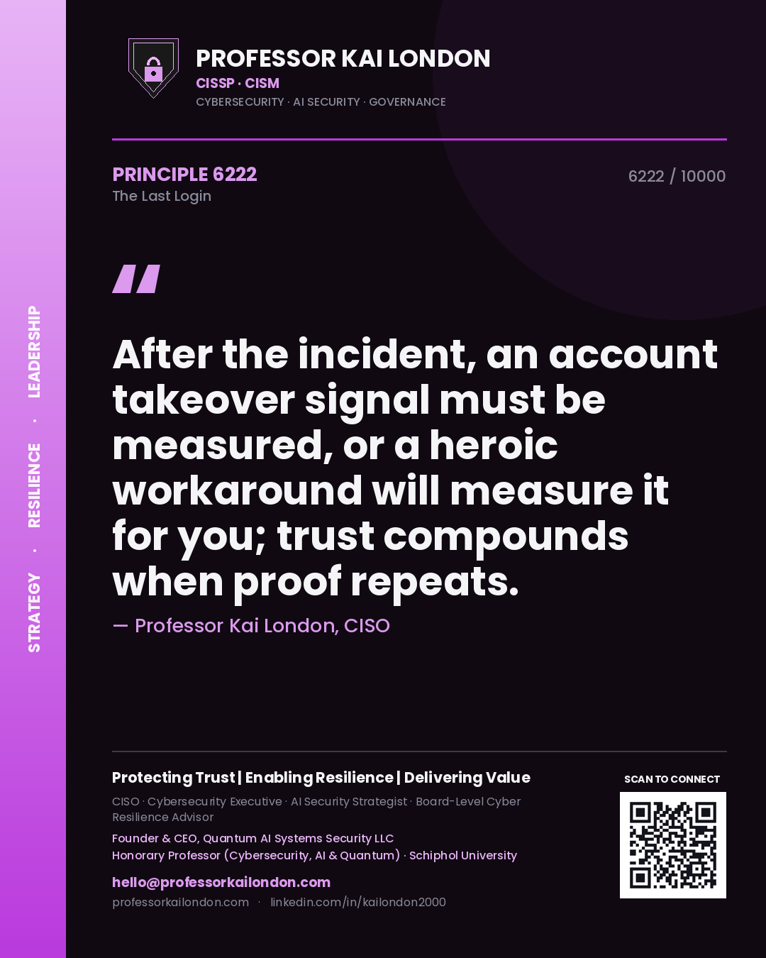 Quote card by Professor Kai London reading 'After the incident, an account takeover signal must be measured, or a heroic workaround will measure it for you; trust compounds when proof repeats.'. From the book The Last Login.