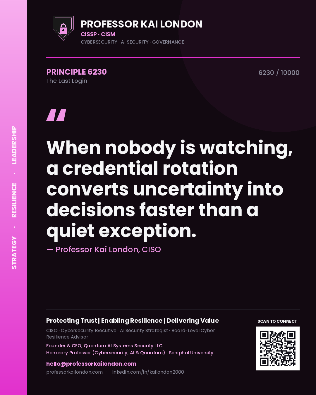 Quote card by Professor Kai London reading 'When nobody is watching, a credential rotation converts uncertainty into decisions faster than a quiet exception.'. From the book The Last Login.