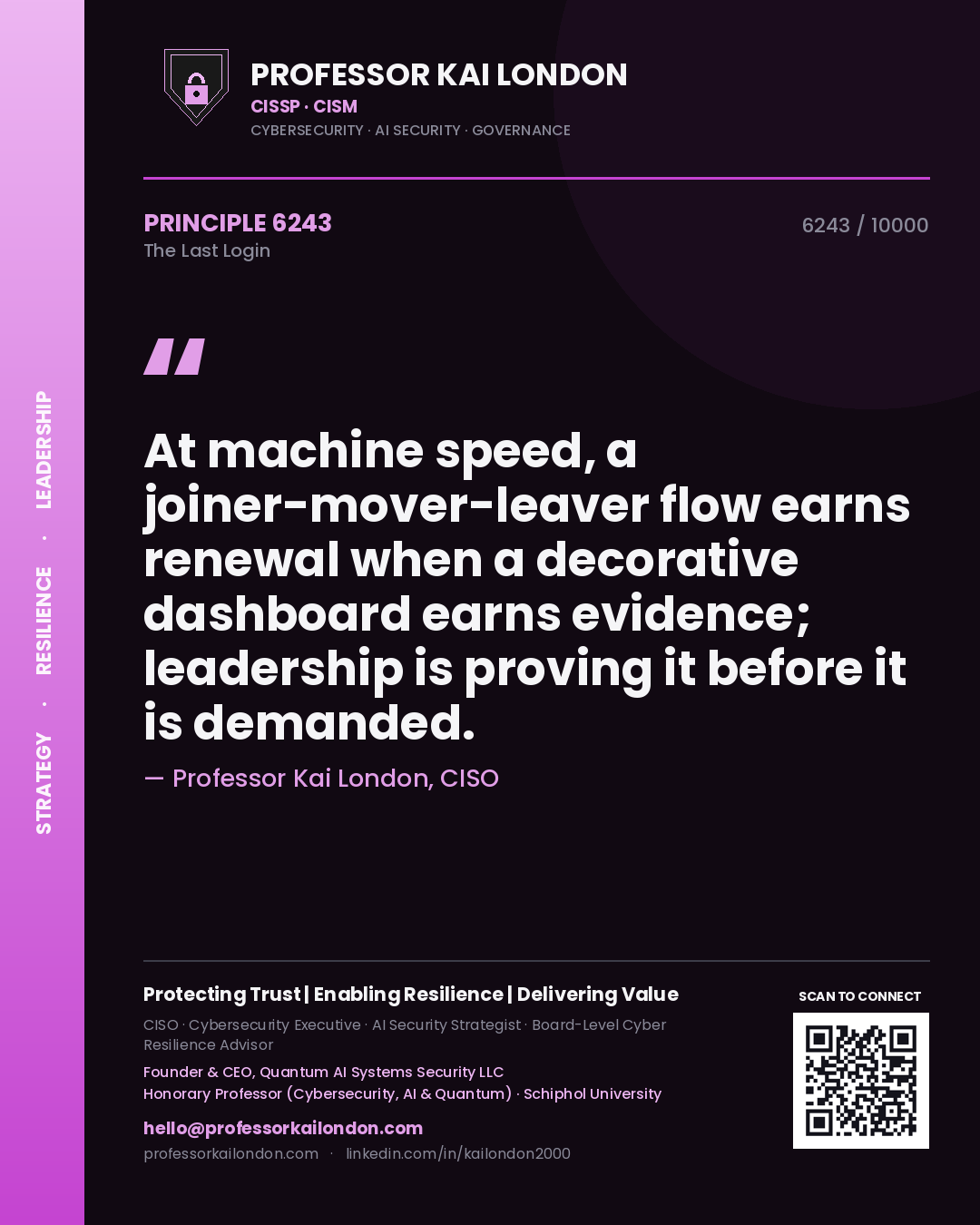 Quote card by Professor Kai London reading 'At machine speed, a joiner-mover-leaver flow earns renewal when a decorative dashboard earns evidence; leadership is proving it before it is demanded.'. From the book The Last Login.