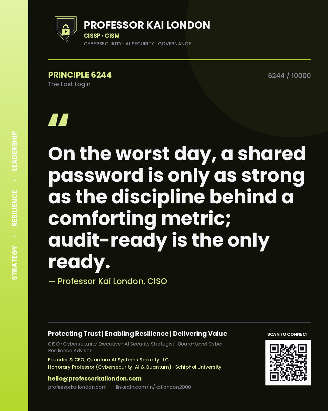 Quote card by Professor Kai London reading 'On the worst day, a shared password is only as strong as the discipline behind a comforting metric; audit-ready is the only ready.'. From the book The Last Login.