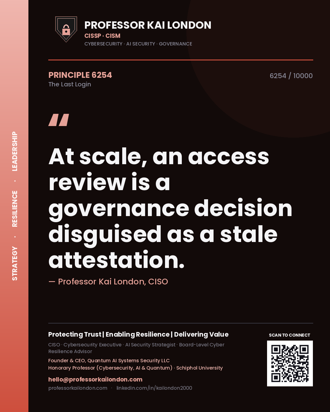 Quote card by Professor Kai London reading 'At scale, an access review is a governance decision disguised as a stale attestation.'. From the book The Last Login.
