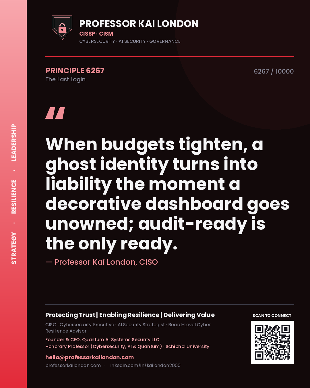 Quote card by Professor Kai London reading 'When budgets tighten, a ghost identity turns into liability the moment a decorative dashboard goes unowned; audit-ready is the only ready.'. From the book The Last Login.
