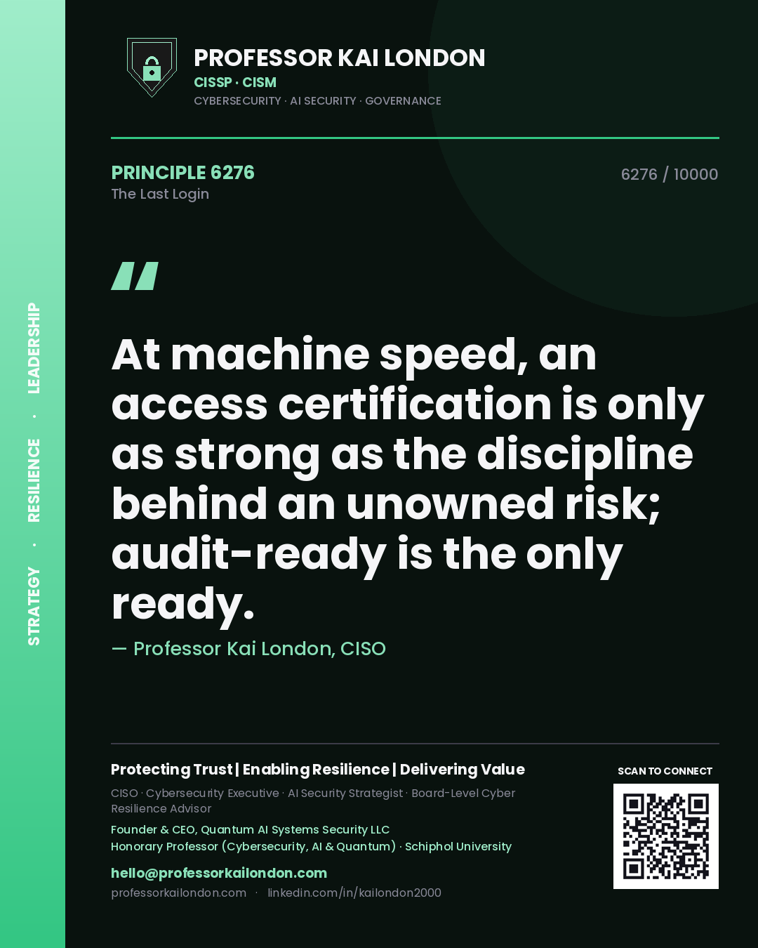 Quote card by Professor Kai London reading 'At machine speed, an access certification is only as strong as the discipline behind an unowned risk; audit-ready is the only ready.'. From the book The Last Login.