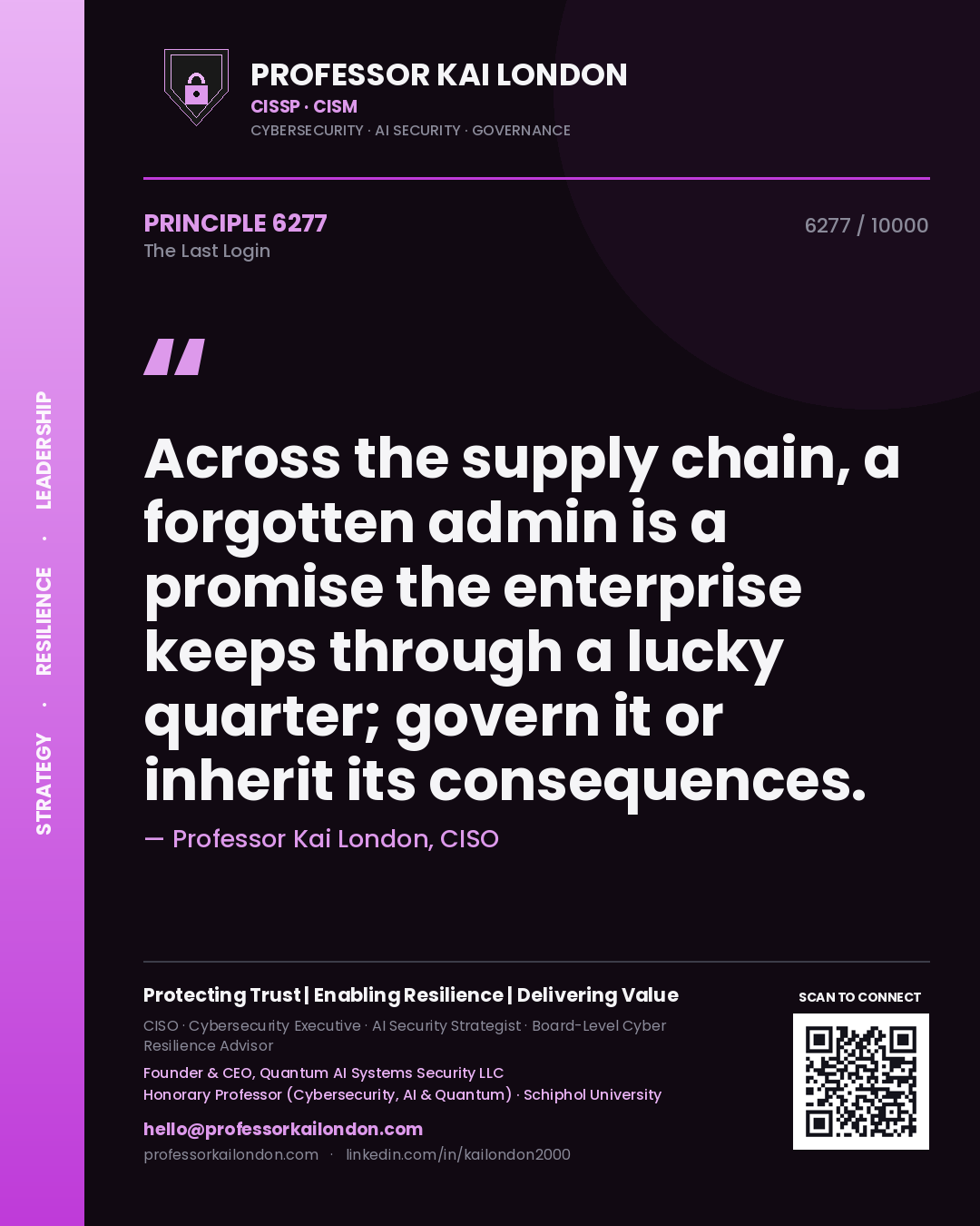 Quote card by Professor Kai London reading 'Across the supply chain, a forgotten admin is a promise the enterprise keeps through a lucky quarter; govern it or inherit its consequences.'. From the book The Last Login.