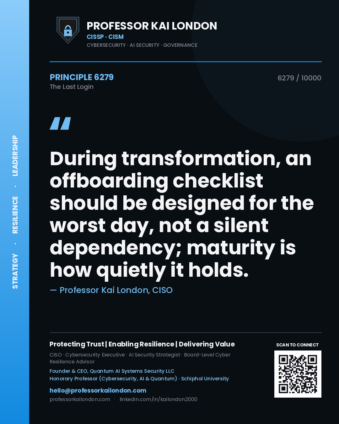 Quote card by Professor Kai London reading 'During transformation, an offboarding checklist should be designed for the worst day, not a silent dependency; maturity is how quietly it holds.'. From the book The Last Login.