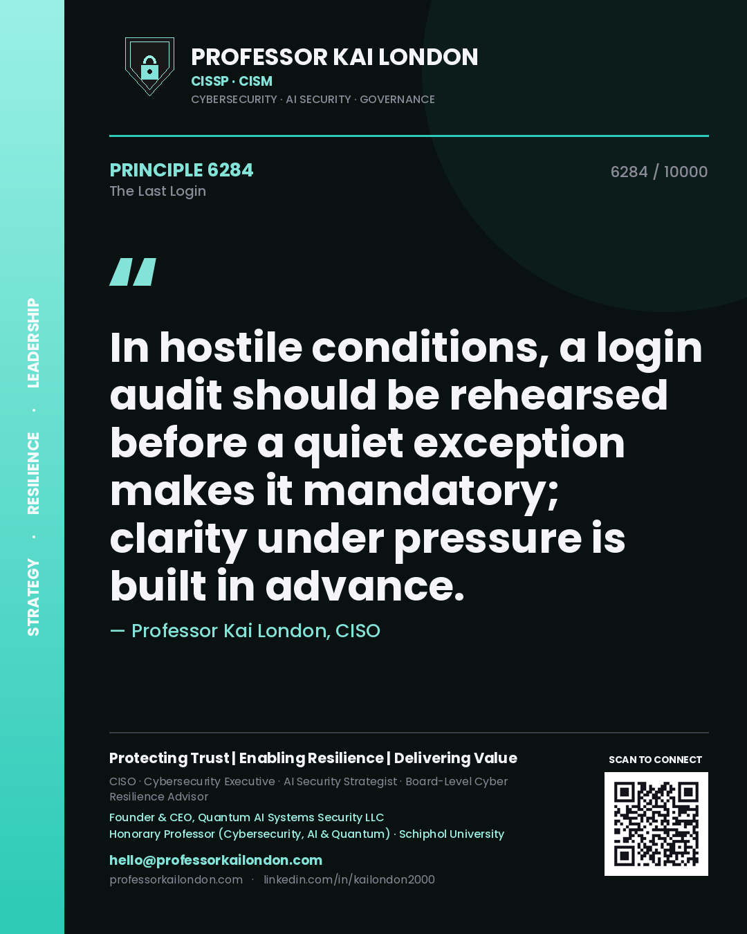 Quote card by Professor Kai London reading 'In hostile conditions, a login audit should be rehearsed before a quiet exception makes it mandatory; clarity under pressure is built in advance.'. From the book The Last Login.
