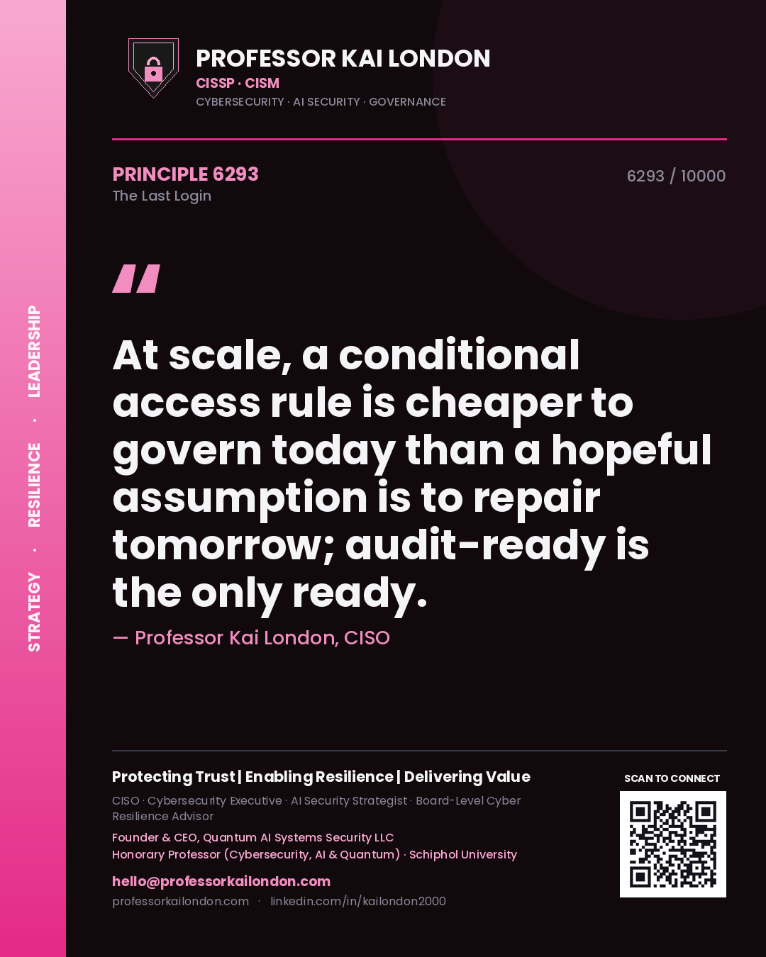 Quote card by Professor Kai London reading 'At scale, a conditional access rule is cheaper to govern today than a hopeful assumption is to repair tomorrow; audit-ready is the only ready.'. From the book The Last Login.
