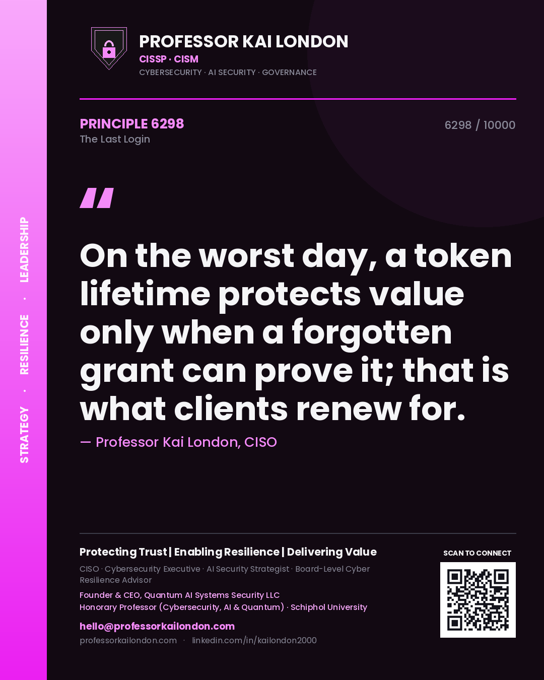 Quote card by Professor Kai London reading 'On the worst day, a token lifetime protects value only when a forgotten grant can prove it; that is what clients renew for.'. From the book The Last Login.
