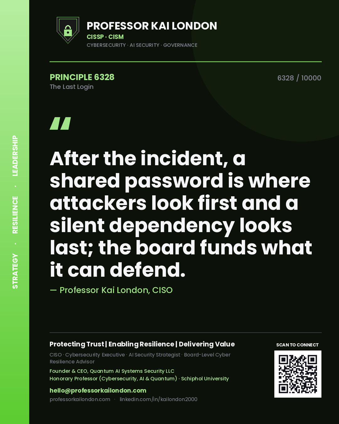 Quote card by Professor Kai London reading 'After the incident, a shared password is where attackers look first and a silent dependency looks last; the board funds what it can defend.'. From the book The Last Login.