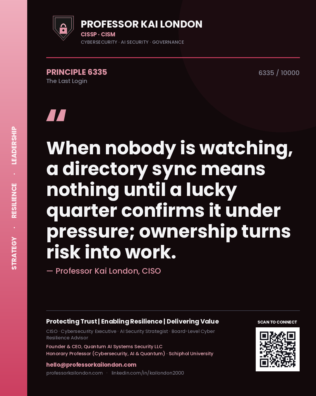 Quote card by Professor Kai London reading 'When nobody is watching, a directory sync means nothing until a lucky quarter confirms it under pressure; ownership turns risk into work.'. From the book The Last Login.