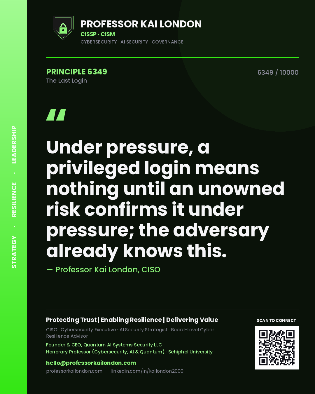 Quote card by Professor Kai London reading 'Under pressure, a privileged login means nothing until an unowned risk confirms it under pressure; the adversary already knows this.'. From the book The Last Login.