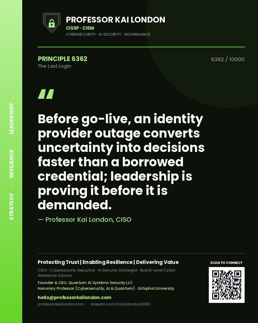 Quote card by Professor Kai London reading 'Before go-live, an identity provider outage converts uncertainty into decisions faster than a borrowed credential; leadership is proving it before it is demanded.'. From the book The Last Login.