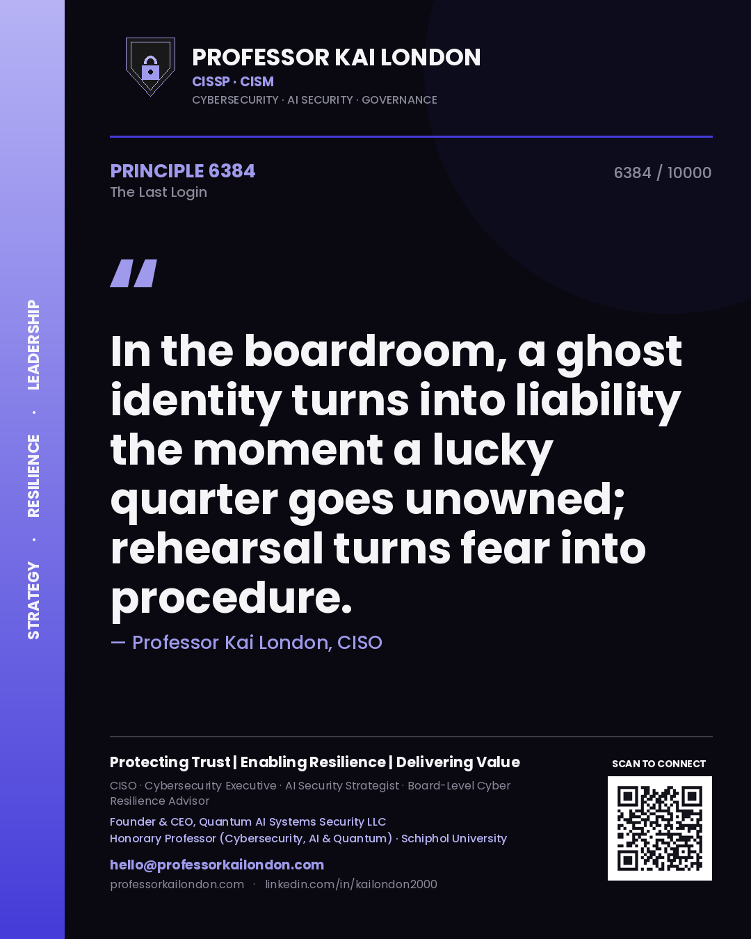 Quote card by Professor Kai London reading 'In the boardroom, a ghost identity turns into liability the moment a lucky quarter goes unowned; rehearsal turns fear into procedure.'. From the book The Last Login.