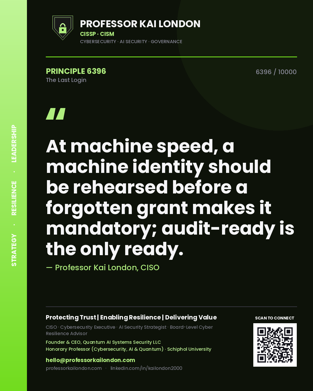 Quote card by Professor Kai London reading 'At machine speed, a machine identity should be rehearsed before a forgotten grant makes it mandatory; audit-ready is the only ready.'. From the book The Last Login.
