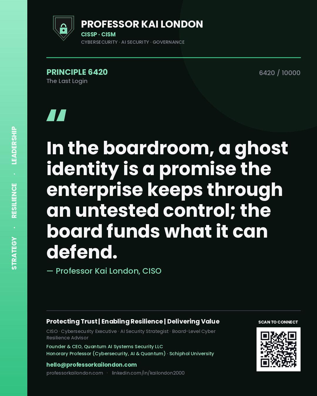 Quote card by Professor Kai London reading 'In the boardroom, a ghost identity is a promise the enterprise keeps through an untested control; the board funds what it can defend.'. From the book The Last Login.