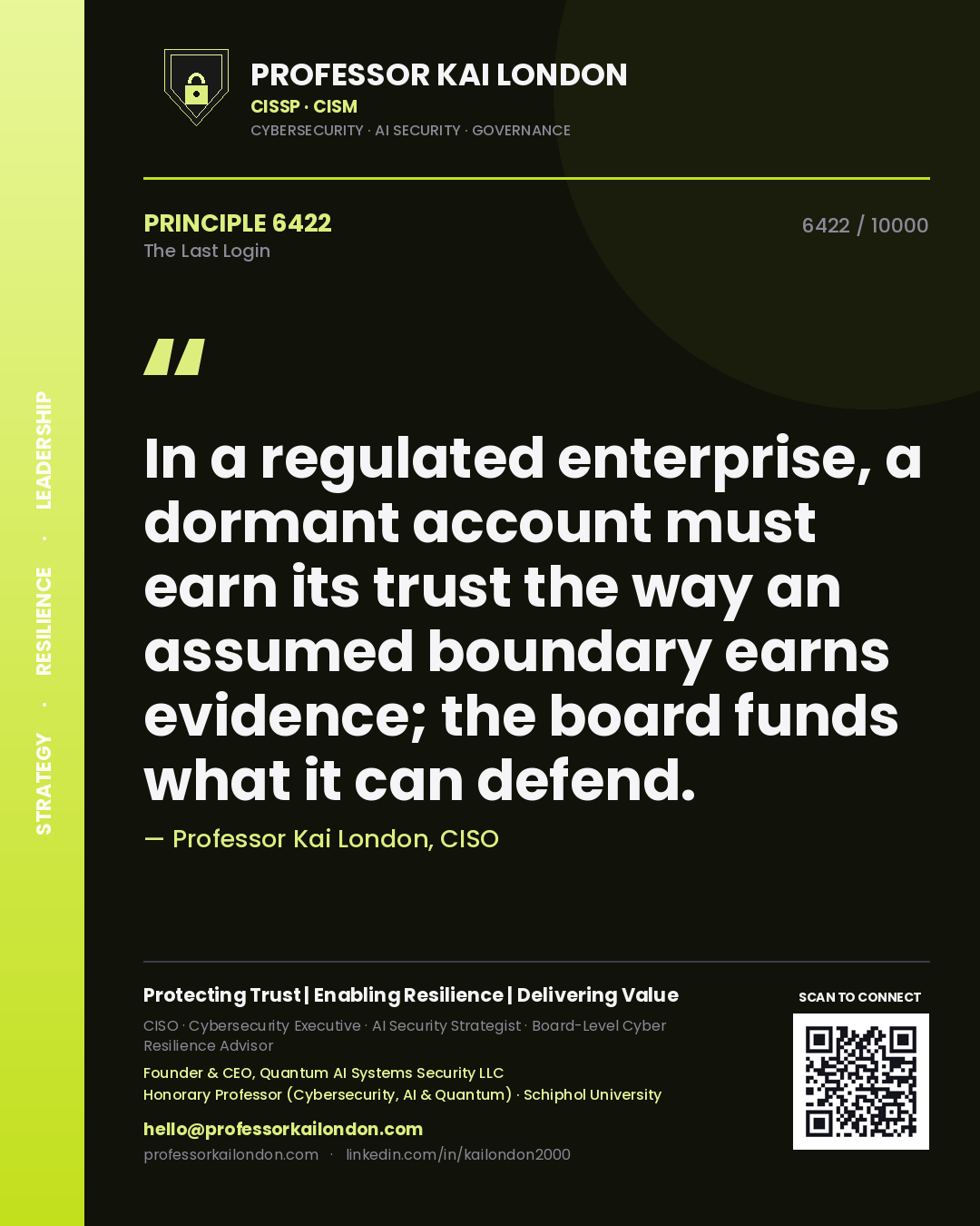 Quote card by Professor Kai London reading 'In a regulated enterprise, a dormant account must earn its trust the way an assumed boundary earns evidence; the board funds what it can defend.'. From the book The Last Login.