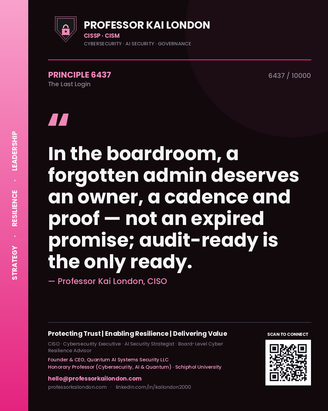 Quote card by Professor Kai London reading 'In the boardroom, a forgotten admin deserves an owner, a cadence and proof — not an expired promise; audit-ready is the only ready.'. From the book The Last Login.