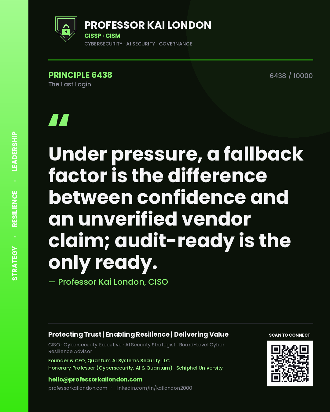 Quote card by Professor Kai London reading 'Under pressure, a fallback factor is the difference between confidence and an unverified vendor claim; audit-ready is the only ready.'. From the book The Last Login.