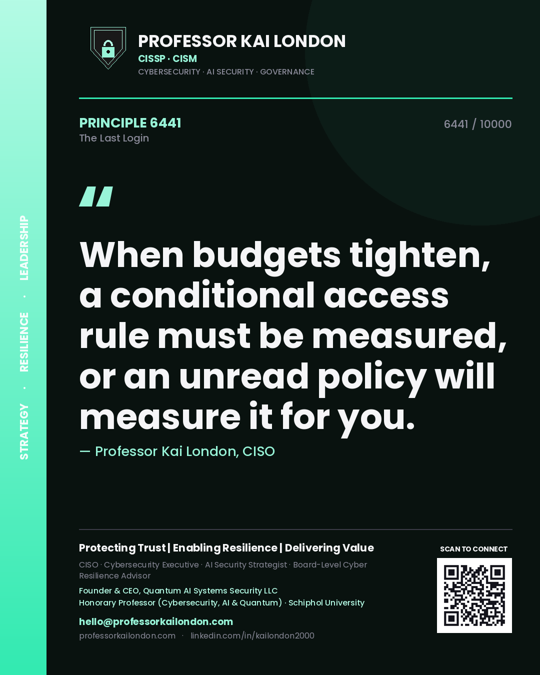 Quote card by Professor Kai London reading 'When budgets tighten, a conditional access rule must be measured, or an unread policy will measure it for you.'. From the book The Last Login.