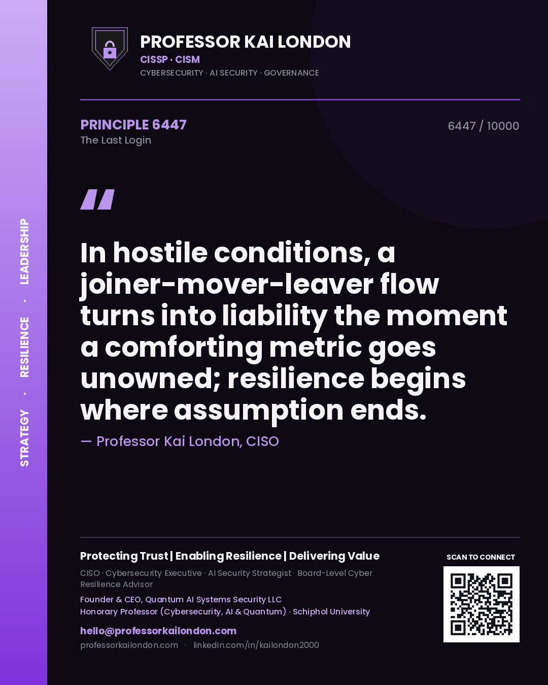 Quote card by Professor Kai London reading 'In hostile conditions, a joiner-mover-leaver flow turns into liability the moment a comforting metric goes unowned; resilience begins where assumption ends.'. From the book The Last Login.