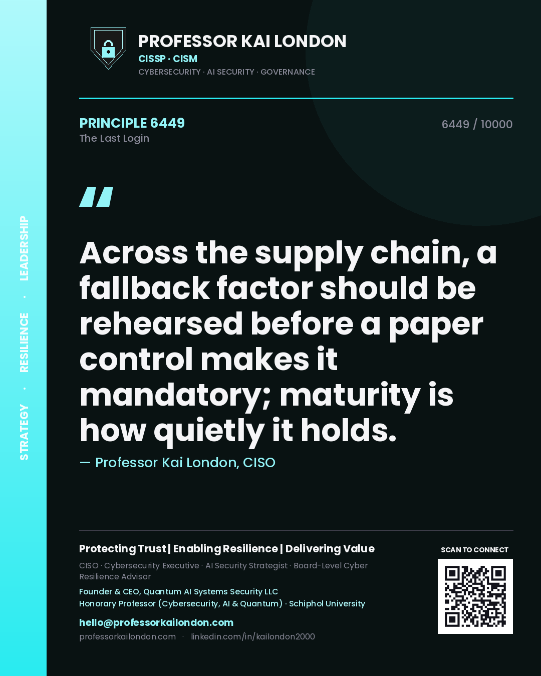 Quote card by Professor Kai London reading 'Across the supply chain, a fallback factor should be rehearsed before a paper control makes it mandatory; maturity is how quietly it holds.'. From the book The Last Login.