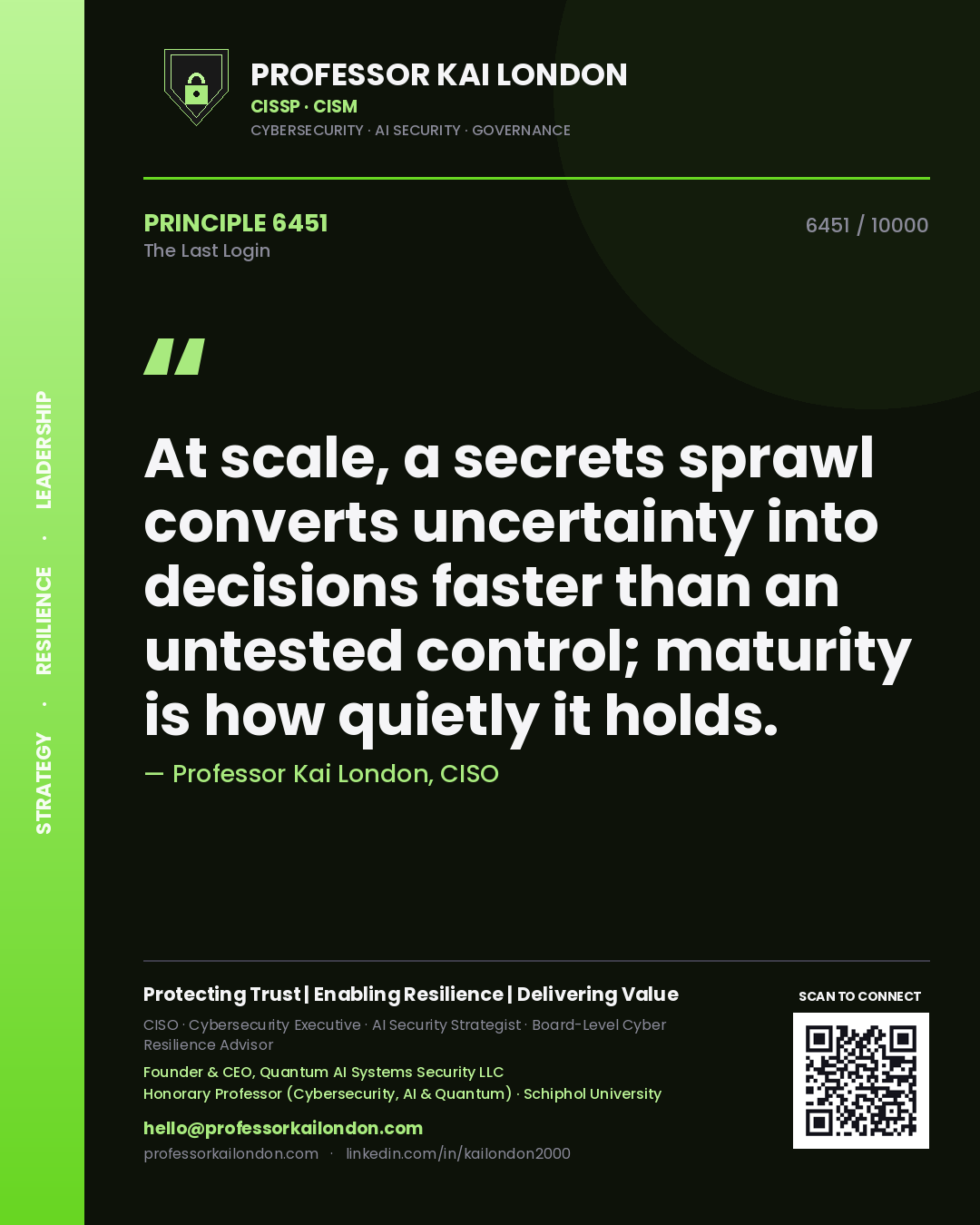Quote card by Professor Kai London reading 'At scale, a secrets sprawl converts uncertainty into decisions faster than an untested control; maturity is how quietly it holds.'. From the book The Last Login.