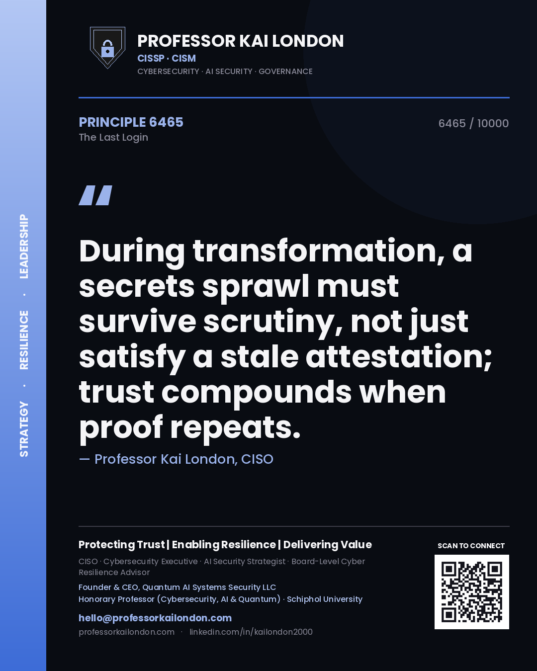 Quote card by Professor Kai London reading 'During transformation, a secrets sprawl must survive scrutiny, not just satisfy a stale attestation; trust compounds when proof repeats.'. From the book The Last Login.