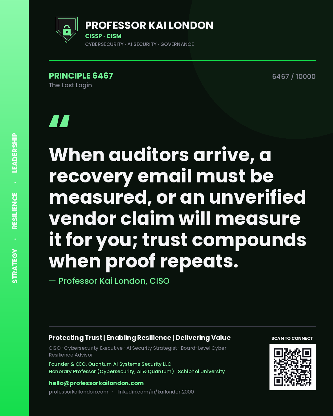 Quote card by Professor Kai London reading 'When auditors arrive, a recovery email must be measured, or an unverified vendor claim will measure it for you; trust compounds when proof repeats.'. From the book The Last Login.