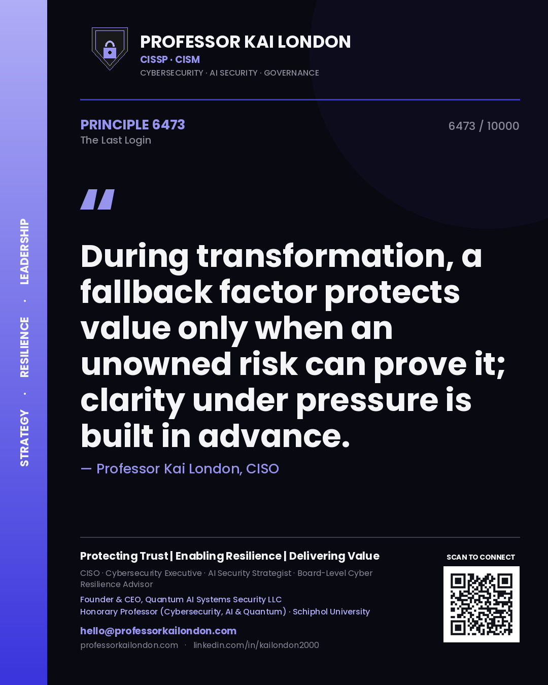 Quote card by Professor Kai London reading 'During transformation, a fallback factor protects value only when an unowned risk can prove it; clarity under pressure is built in advance.'. From the book The Last Login.