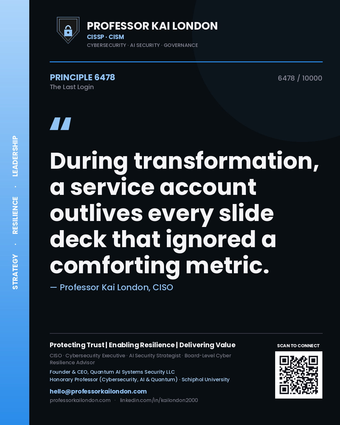 Quote card by Professor Kai London reading 'During transformation, a service account outlives every slide deck that ignored a comforting metric.'. From the book The Last Login.