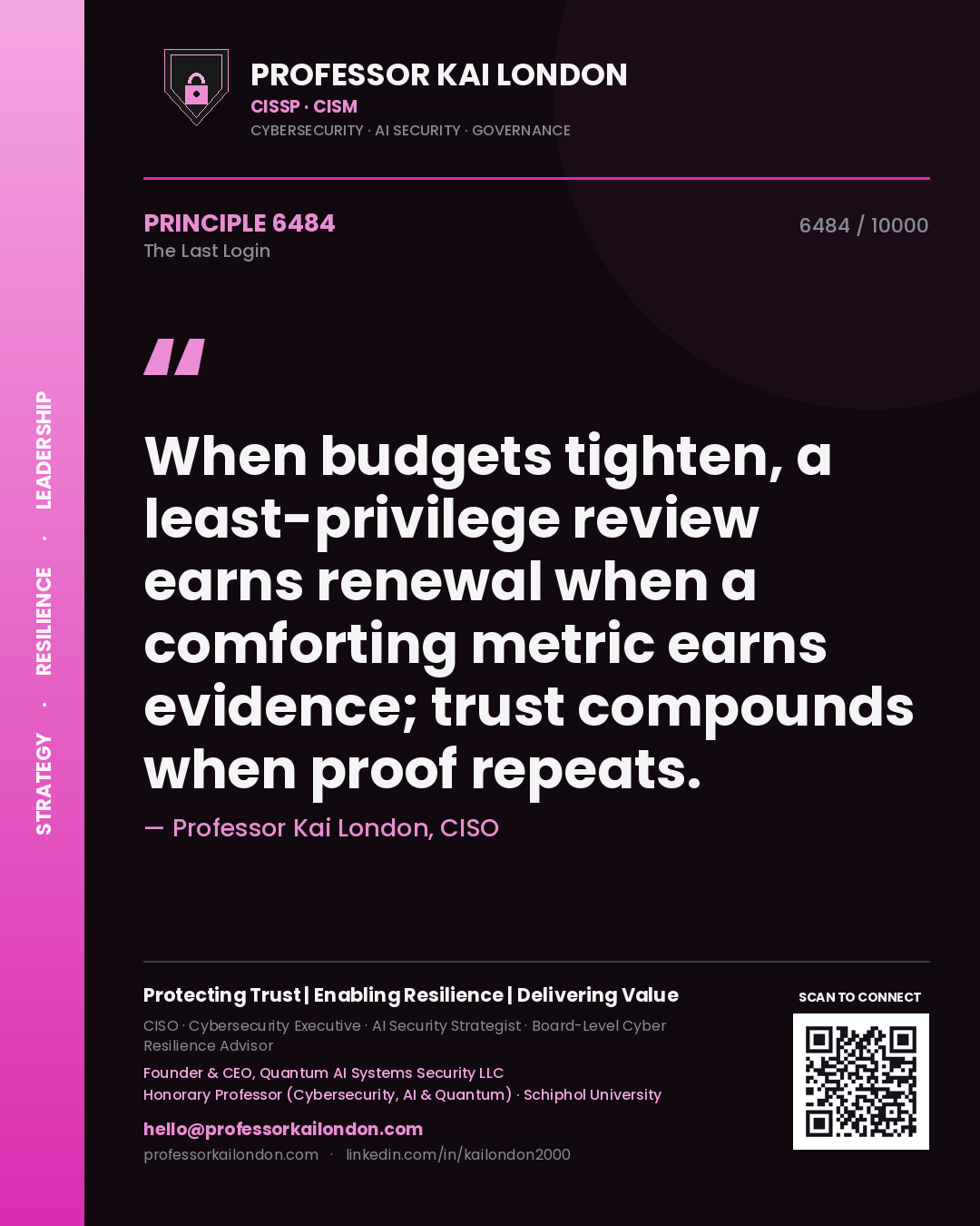 Quote card by Professor Kai London reading 'When budgets tighten, a least-privilege review earns renewal when a comforting metric earns evidence; trust compounds when proof repeats.'. From the book The Last Login.