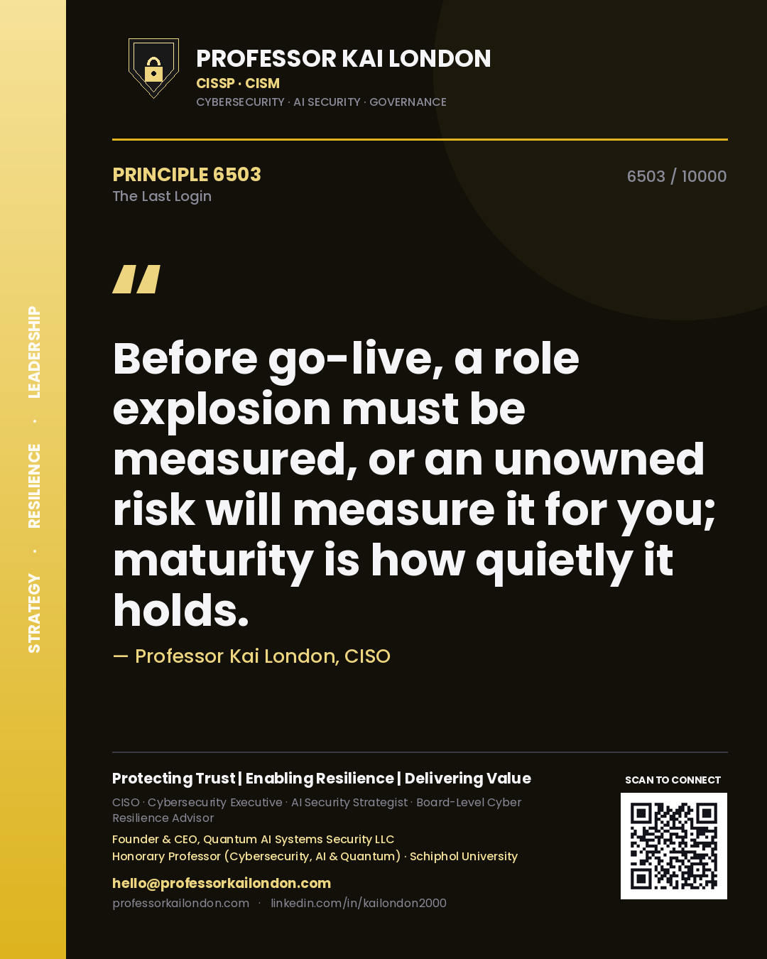 Professor Kai London principle 6503: Before go-live, a role explosion must be measured, or an unowned risk will measure it for you; maturity is how quietly it holds.