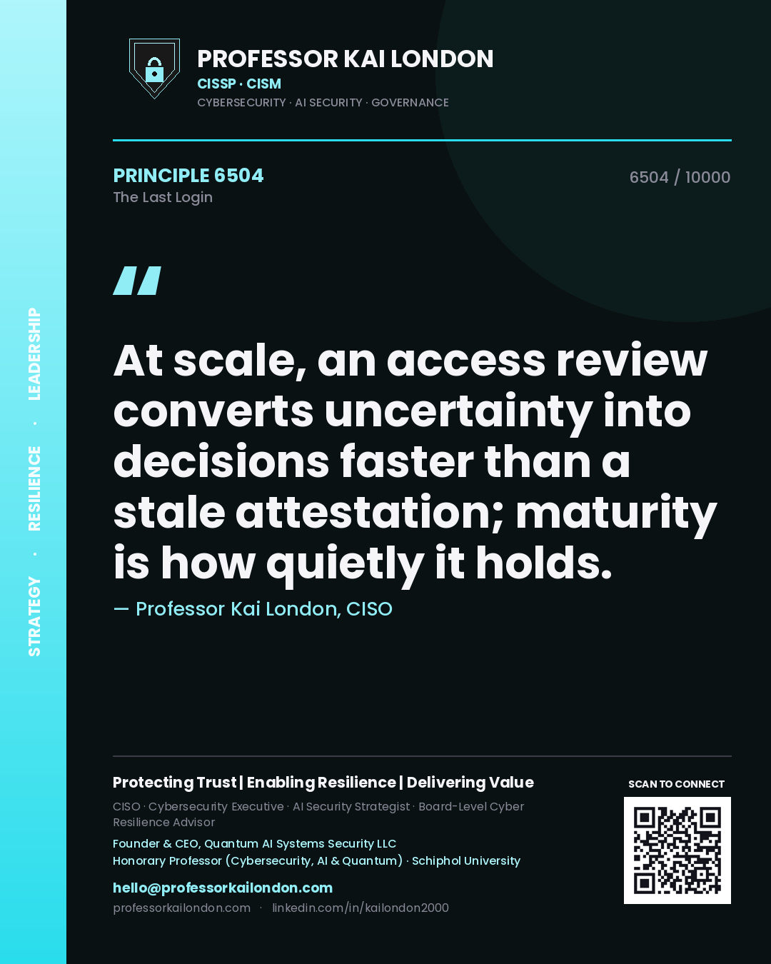 Quote card by Professor Kai London reading 'At scale, an access review converts uncertainty into decisions faster than a stale attestation; maturity is how quietly it holds.'. From the book The Last Login.