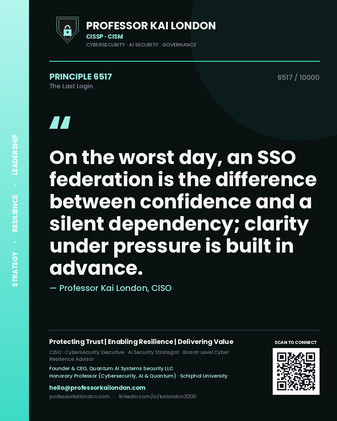 Professor Kai London principle 6517: On the worst day, an SSO federation is the difference between confidence and a silent dependency; clarity under pressure is built in advance.