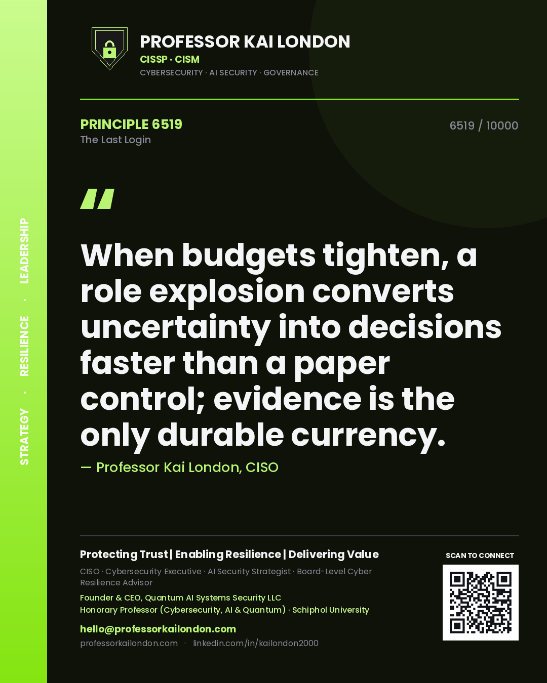 Quote card by Professor Kai London reading 'When budgets tighten, a role explosion converts uncertainty into decisions faster than a paper control; evidence is the only durable currency.'. From the book The Last Login.
