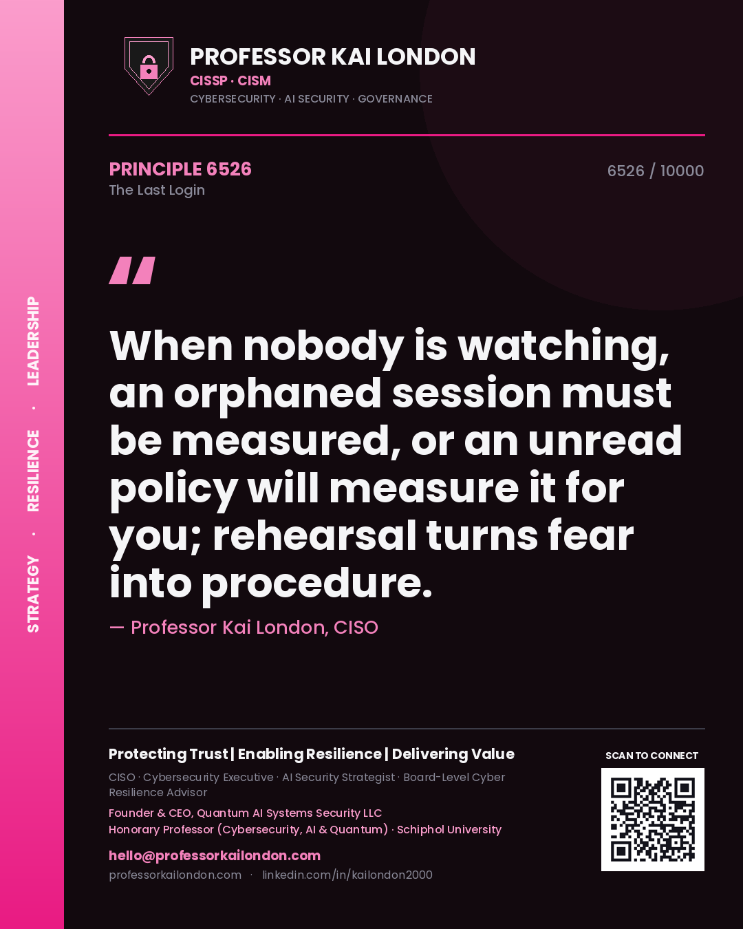 Quote card by Professor Kai London reading 'When nobody is watching, an orphaned session must be measured, or an unread policy will measure it for you; rehearsal turns fear into procedure.'. From the book The Last Login.