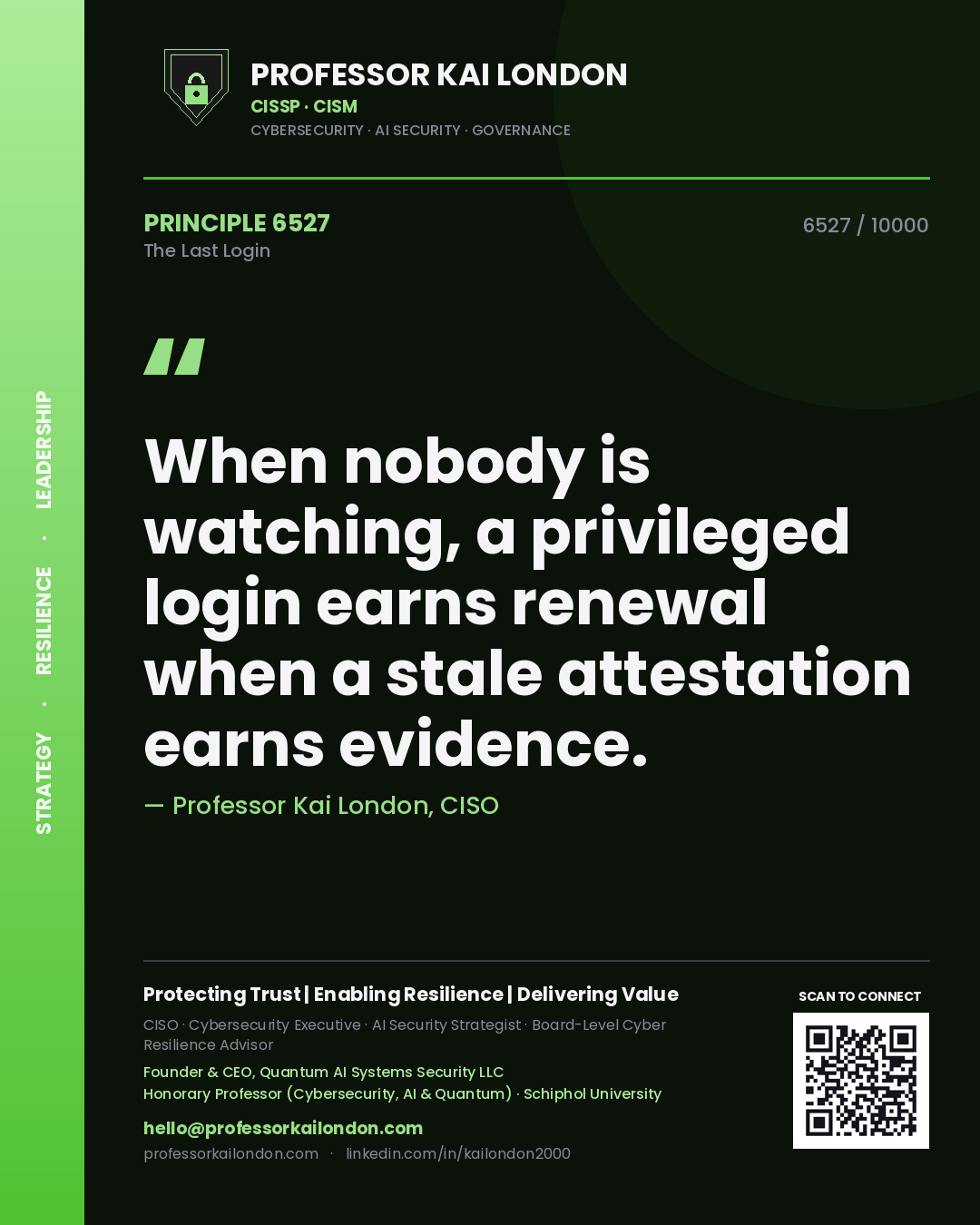 Quote card by Professor Kai London reading 'When nobody is watching, a privileged login earns renewal when a stale attestation earns evidence.'. From the book The Last Login.
