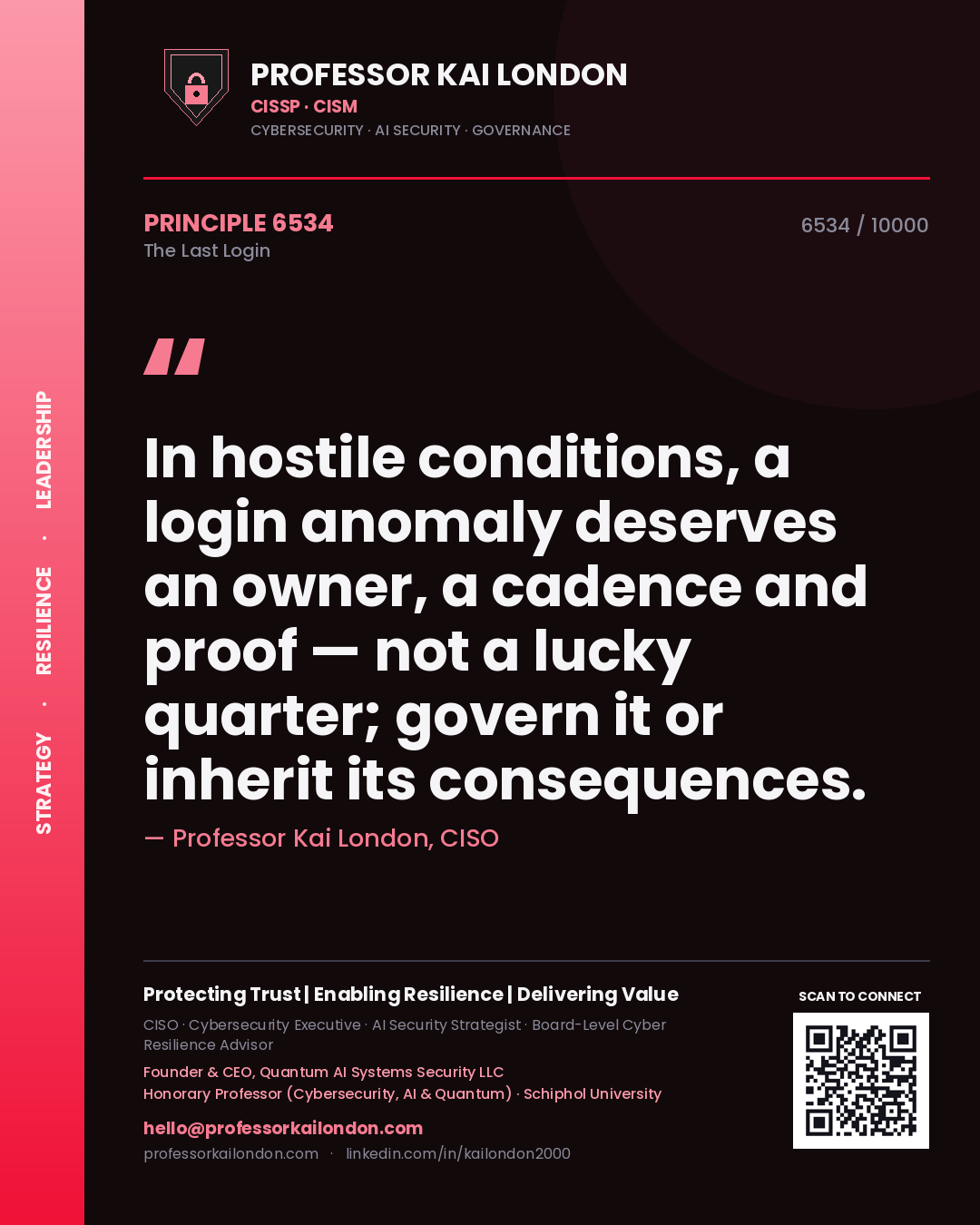 Professor Kai London principle 6534: In hostile conditions, a login anomaly deserves an owner, a cadence and proof — not a lucky quarter; govern it or inherit its consequences.