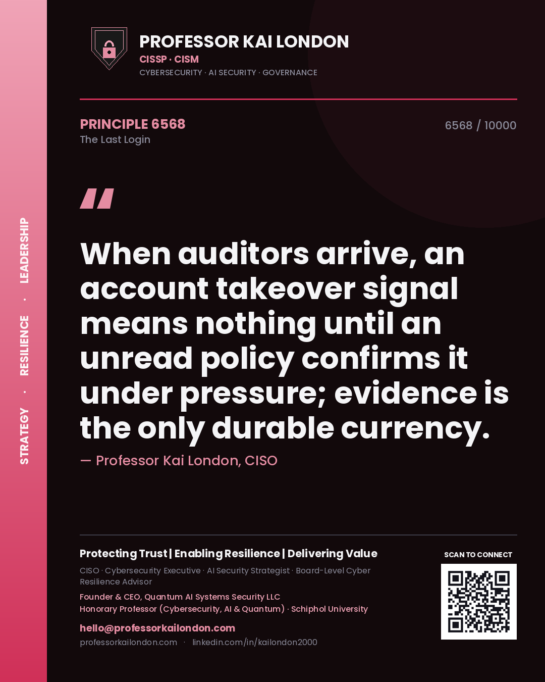 Professor Kai London principle 6568: When auditors arrive, an account takeover signal means nothing until an unread policy confirms it under pressure; evidence is the only durable currency.