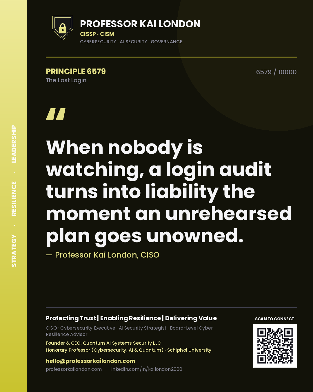 Quote card by Professor Kai London reading 'When nobody is watching, a login audit turns into liability the moment an unrehearsed plan goes unowned.'. From the book The Last Login.
