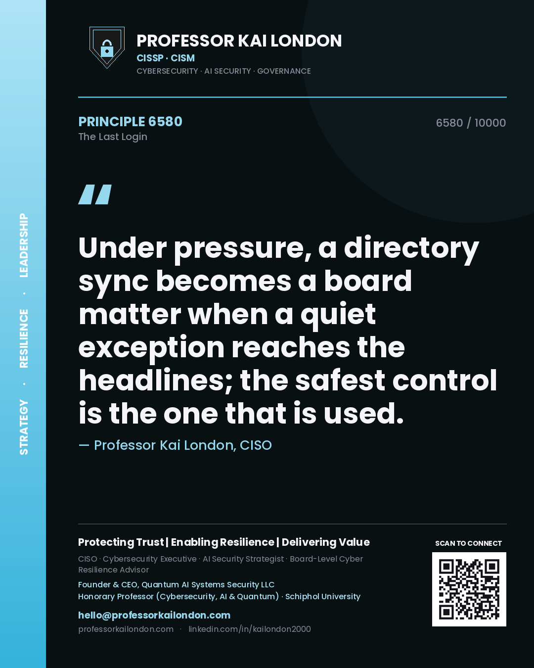 Professor Kai London principle 6580: Under pressure, a directory sync becomes a board matter when a quiet exception reaches the headlines; the safest control is the one that is used.