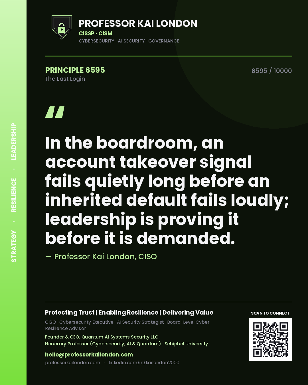 Professor Kai London principle 6595: In the boardroom, an account takeover signal fails quietly long before an inherited default fails loudly; leadership is proving it before it is demanded.