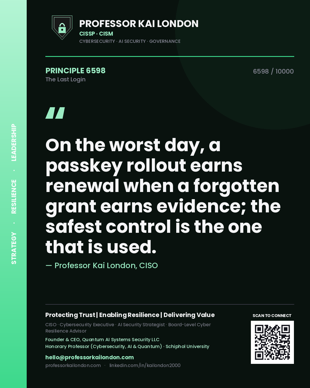 Quote card by Professor Kai London reading 'On the worst day, a passkey rollout earns renewal when a forgotten grant earns evidence; the safest control is the one that is used.'. From the book The Last Login.