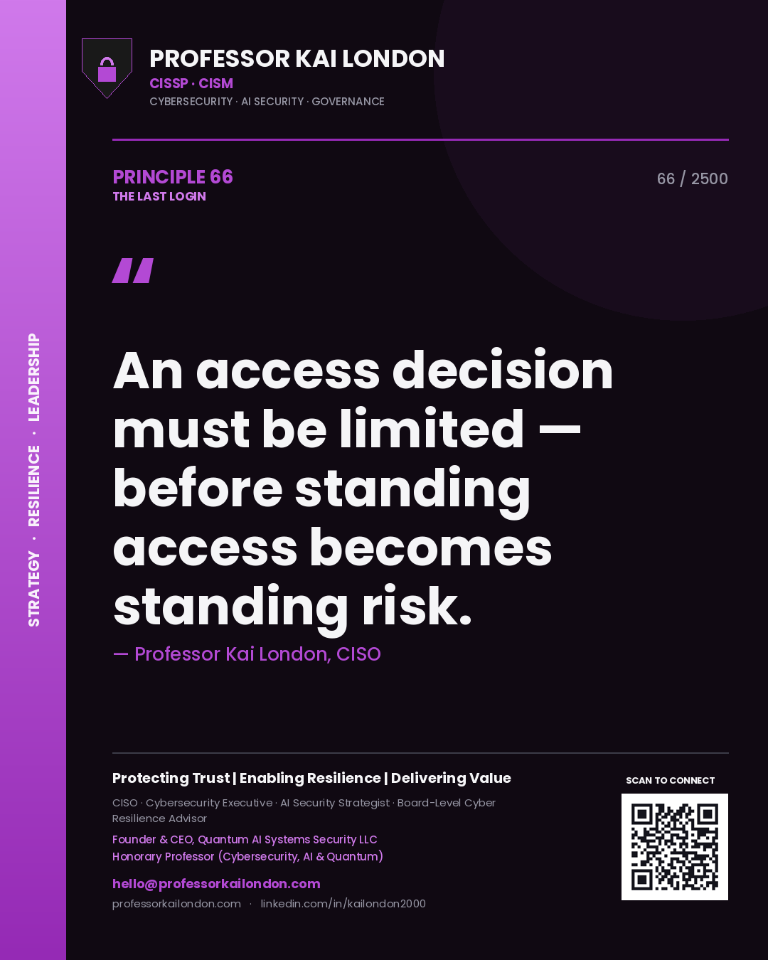 Quote card by Professor Kai London reading 'An access decision must be limited — before standing access becomes standing risk.'. From the book The Last Login.