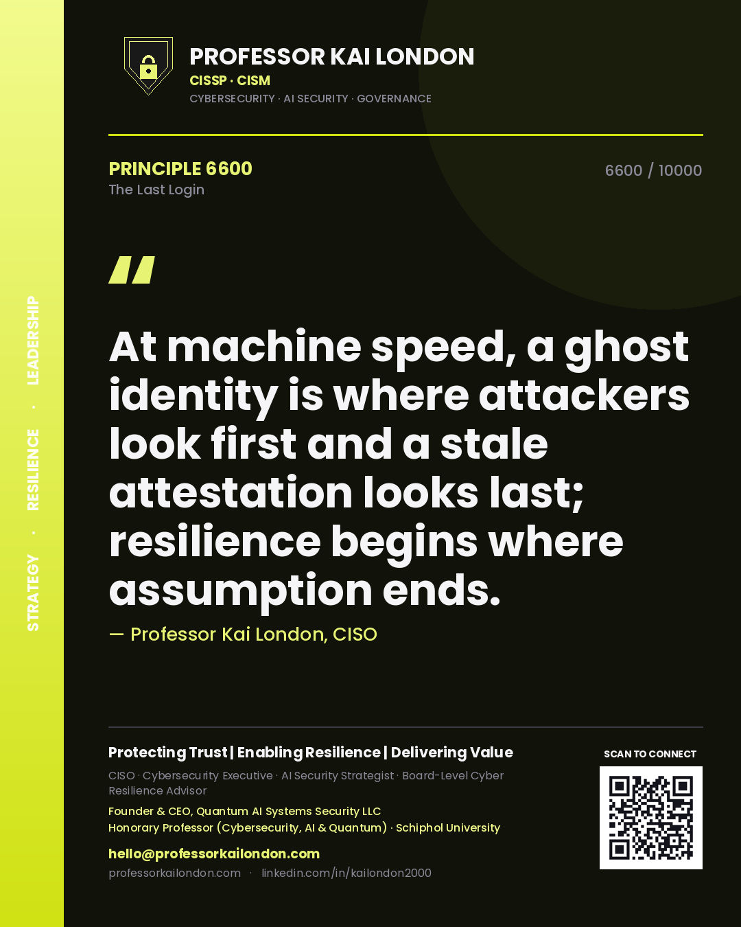 Professor Kai London principle 6600: At machine speed, a ghost identity is where attackers look first and a stale attestation looks last; resilience begins where assumption ends.