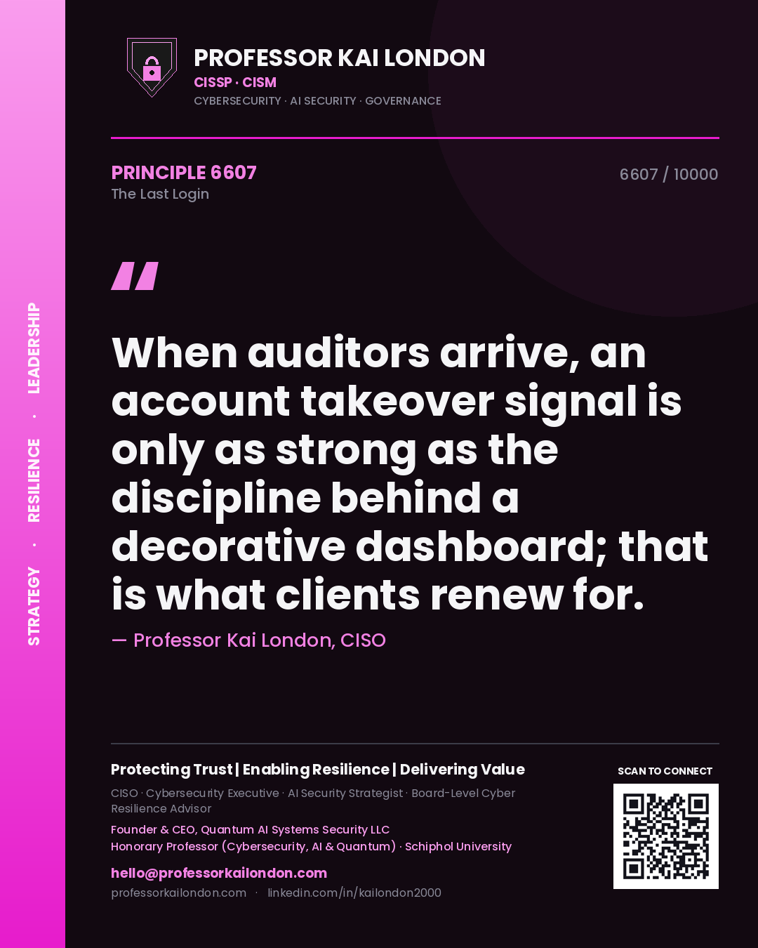 Professor Kai London principle 6607: When auditors arrive, an account takeover signal is only as strong as the discipline behind a decorative dashboard; that is what clients renew for.