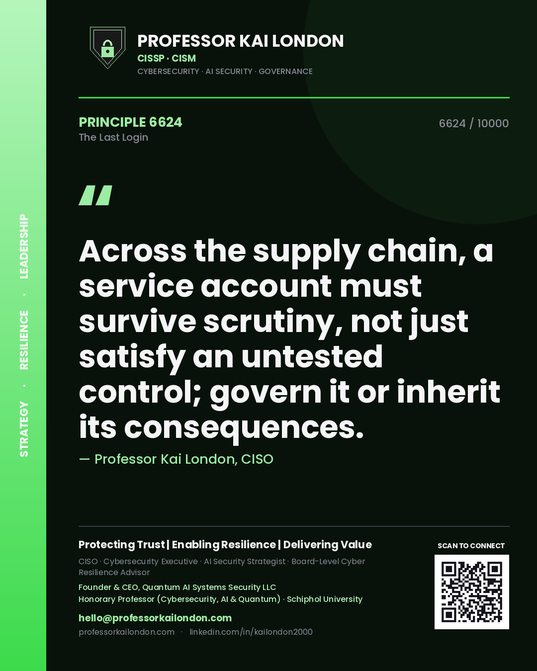 Quote card by Professor Kai London reading 'Across the supply chain, a service account must survive scrutiny, not just satisfy an untested control; govern it or inherit its consequences.'. From the book The Last Login.