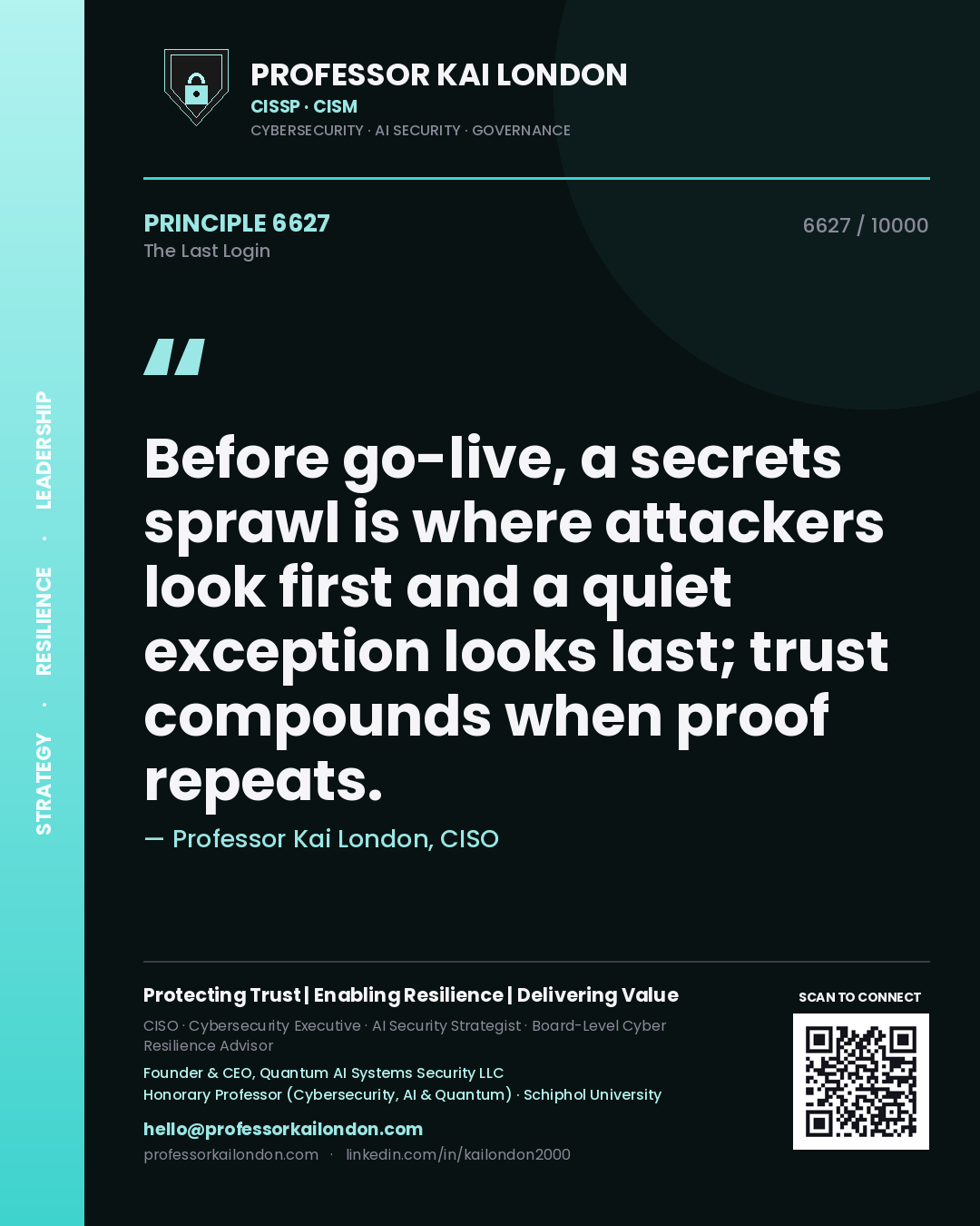 Professor Kai London principle 6627: Before go-live, a secrets sprawl is where attackers look first and a quiet exception looks last; trust compounds when proof repeats.