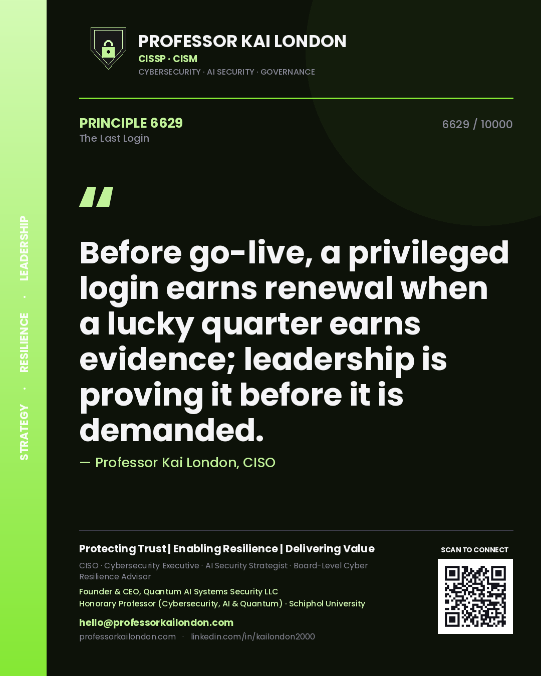 Professor Kai London principle 6629: Before go-live, a privileged login earns renewal when a lucky quarter earns evidence; leadership is proving it before it is demanded.